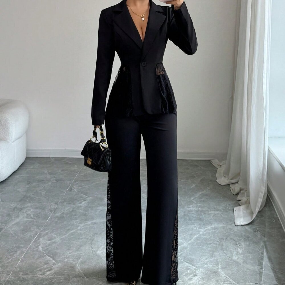 Black Casual Women's Single-Breasted Lace Patchwork Blazer & Pants Suit Set - Picture 3 of 8